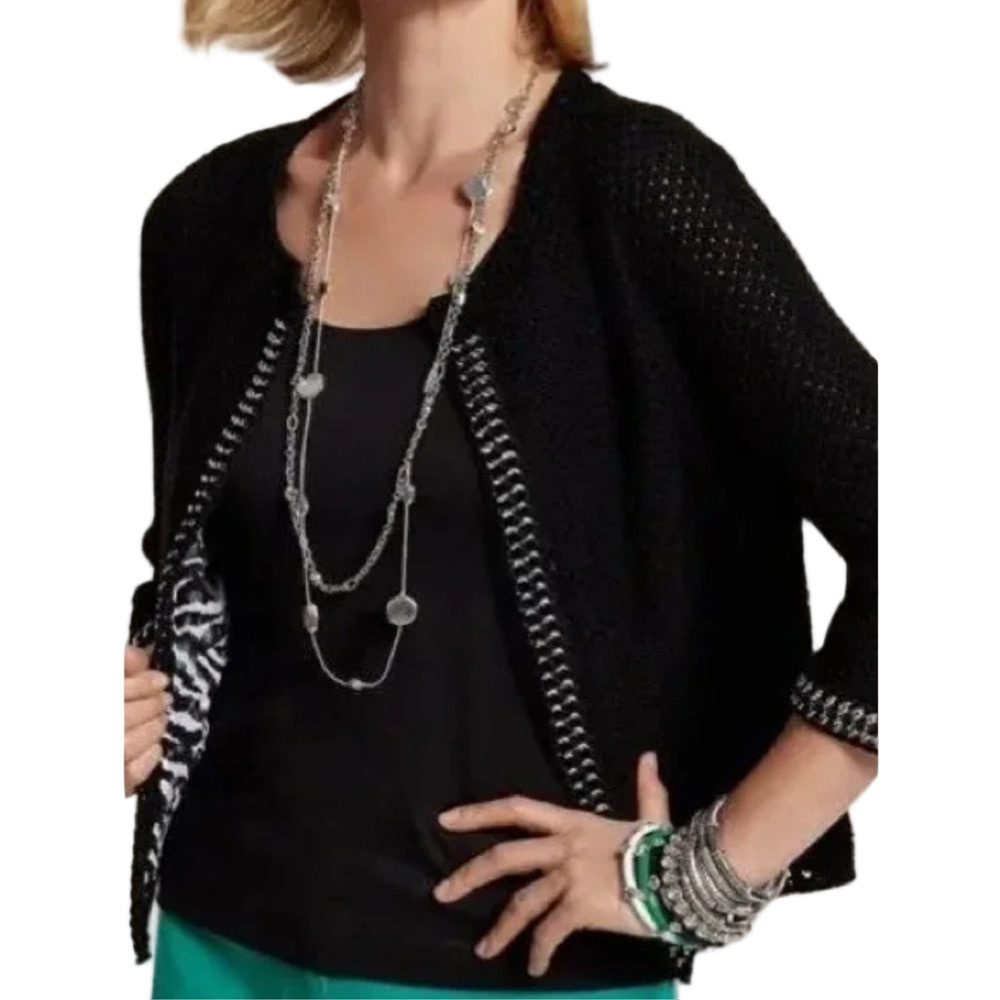 Chico's Black Open-Front Cropped Cardigan with Contrasting Trim
